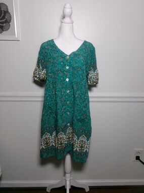 TEMOFON Teal Floral Boho Babydoll Midi Dress Size M
